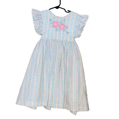 Vestido a cuadros pastel para niñas con flores bordadas y mangas con volantes talla 4-6X Foto 1 de 4