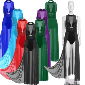 Women Dress Halter Costume Sequins Dancewear Ballet Modern Sleeveless Dance - Picture 1 of 75