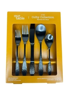 Our Table Colby Satin Black 20-Piece Flatware Set Hammered Look, Service For 4 - Picture 1 of 2