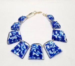 FAB Lucite Acrylic Large Chunky Collar Necklace Splashes of Deep Blue Water - Picture 1 of 9