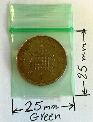100 NEW 25x25mm GREEN UK Small Plastic Bags Baggies Grip Seal Zipper 0.9" inch - Image 1 of 2
