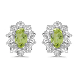 10k White Gold Oval Peridot And Diamond Earrings - Picture 1 of 2