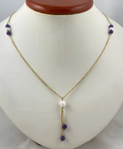 14k Yellow Gold Beaded Amethyst & Pearl Lariat Necklace - Picture 1 of 4
