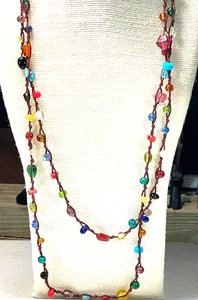 Fashion Necklace Multi Color Glass Brown Woven Cord Really Long Flapper Lot 57 - Picture 1 of 3