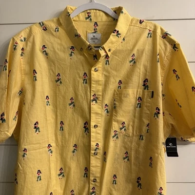 RIP CURL Mens Yellow Hula girl Print  short sleeve button Upshirt camp 2XL  NWT - Image 1 of 4