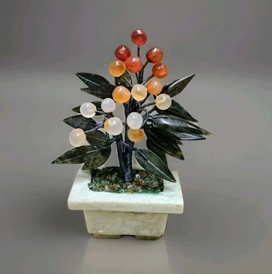 ANTQUE SMALL JADE STONE BLOSSOM FRUIT TREE, AGATE, CITRINE, QUARTZ , SYMBOLOZIM  - Image 1 of 4