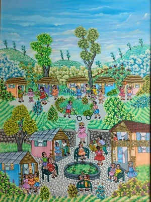 IMPRESIONANTE PINTURA ARTE ORIGINAL HAITIANO DE FRANCOISE JEAN "PUEBLO INFANTIL" 4030 Foto 1 de 4