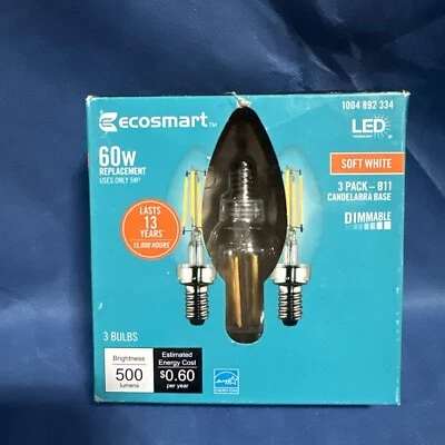 3 pack EcoSmart 60-Watt LED Soft White B-11 candelabra base Bulb Light 892 0929 - Image 1 of 3