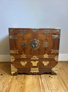 Vintage Asian  Korean Jewelry Chest Brass Hardware Wooden Cabinet - Picture 1 of 18