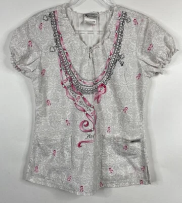 UA Scrubs Scrub Top Womens Size M White Pink Ribbon Ruffles Medical FLAW - Image 1 of 4