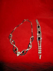 Vintage Marquis Black Onyx & Clear Rhinestone Rhodium Necklace & Bracelet Set - Picture 1 of 12