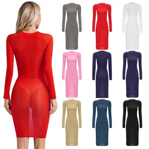 Womens Bodycon Mesh Dress Sexy Nightwear Long Sleeve Babydoll Slim Fit Lingeries - Picture 1 of 93
