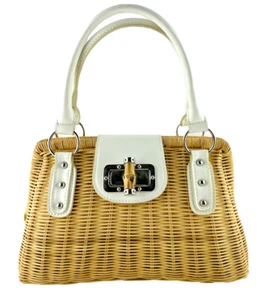 Kelly & Katie Basket Purse Woven Wicker Bag Bamboo Toggle White Straps - Picture 1 of 12
