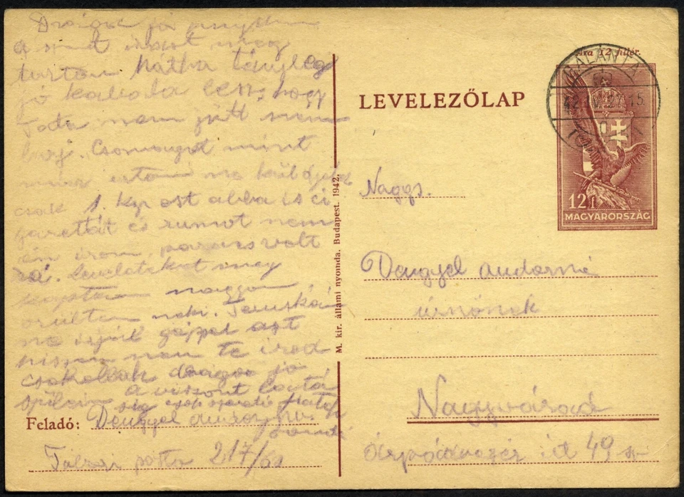 Hungary 1942 Postal Stationary @ from GALANTA to NAGYVÁRAD - Image 1 of 1
