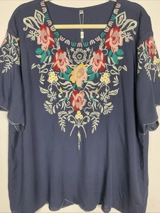 Embroidered Top Womens 3X Summer Short Tulip Sleeve Boho Blue Peasant Blouse NWT - Picture 1 of 14