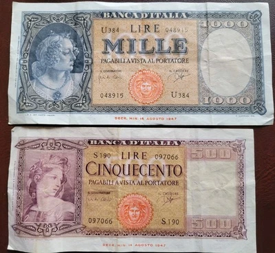 1947-1961 Banca D'Italia Bank Notes (2) 1000 & 500 Lire - Vintage Paper Money - Image 1 of 4