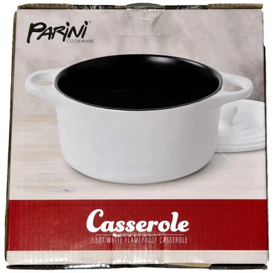 Cazuela Parini 1,5 qt blanca 7,5" de diámetro con tapa utensilios de cocina sellados NUEVO Foto 1 de 4
