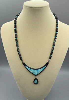 Collar con incrustaciones de mosaico turquesa y ónix de plata de ley Jay King Mine Finds 38 g Foto 1 de 4