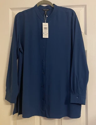 NWT $278 Eileen Fisher Atlantis Silk Georgette Crepe Mandarin Collar Shirt M L - Image 1 of 4