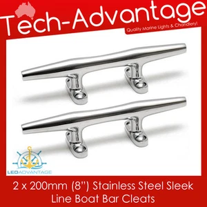 2 X 8" 200MM 316 STAINLESS STEEL SLEEK MODERN SLIM BAR CLEATS - DECK/BOAT/YACHT - Foto 1 di 3