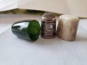 3 Unusual Thimbles Jade Stone, Sterling Silver scorpion, Bone Or Antler. 