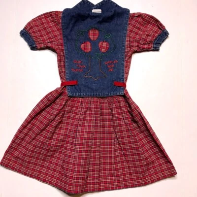 Vtg OshKosh Collection Girls Red Plaid Dress Apples Denim Back Flap  - Image 1 of 4