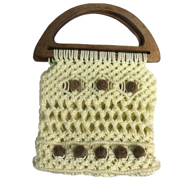 Bolso Boho Macramé Vintage con Asa de Cuentas de Madera Yute Amarillo 70's Cottagecore Foto 1 de 4