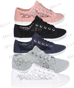 DAMEN CANVAS SCHUHE TRAILER FREIZEIT PLIMSOLLS SCHNÜRUNG FLACH BESTICKT PUMPS - Bild 1 von 9