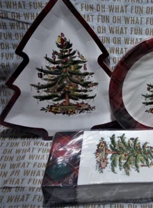 Spode TARTAN CHRISTMAS tree shaped DINNER Plate & GUEST Napkin Dispose Paper 48 - Picture 1 of 3