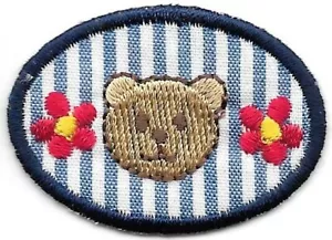 Blue Stripe Brown Bear Portrait w/ Red Petal Daisies Oval Embroidered Patch - Picture 1 of 1