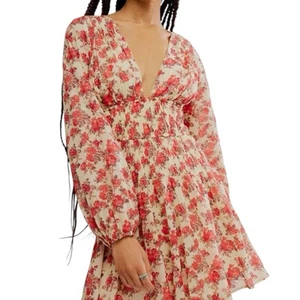 Free People Keep You Mini Dress SZ M Babydoll Smocked Floral Roses Romantic Boho - Picture 1 of 5