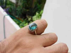 14K Solid White Gold Oval Natural Aquamarine Diamond Ring 4.24 Ct. - Picture 1 of 6