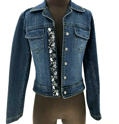Chaqueta de mezclilla Oasis Jeans para mujer EE. UU. 6 pequeña lavado oscuro negro blanco adorno broches de presión Foto 1 de 4