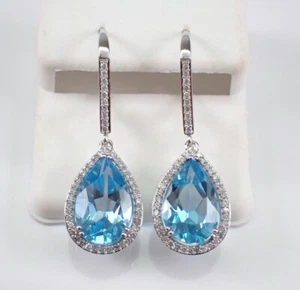 4CT Pear Cut Lab Created Blue Topaz Halo Dangle Earrings 14K White Gold Plated - Picture 1 of 8