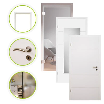 HORI Glastür Komplettset Zimmertür inkl. Türgriff + Zarge - Valencia Weißlack