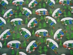 Cotton Novelty Fabric Scottish Tartan Green Plaid Campers & Tree Print 1yd x 44" - Picture 1 of 4
