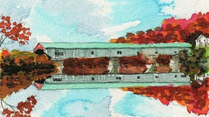 Puente cubierto de baño, NH. Paisaje de otoño. Impresiones artísticas en acuarela de Peter M. Mason - Imagen 1 de 1