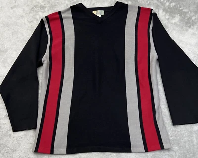 复古 20 世纪 90 年代 City Streets 毛衣男式 L 码黑色红色灰色条纹 V 领拉过 — 第 1/4 张图片