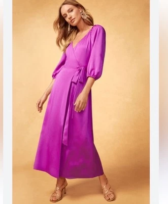 NWT Ann Taylor Purple Satin Balloon Sleeve Midi Wrap Dress Sz 8 - Image 1 of 4
