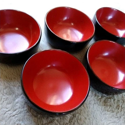 Juego de 5 cuencos Soba de laca Aizu rojo negro estilo Wajima comedor Foto 1 de 4