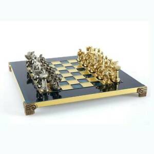 Manopoulos Spartan Warriors Chess Set - Brass Nickel Pawns - Blue chess Board