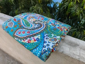 Rajasthani Paisley Turquiose printed Vintage kantha Quilt Blanket Gudari Throw - Picture 1 of 5