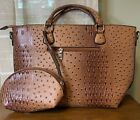 Woman’s Faux Burnt Brown Leather Ostrich Satchel With Matching Wristlet