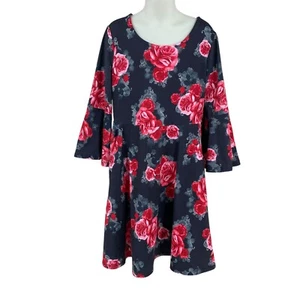 Justice Girls Knit Dress Sz 8 Black w/Roses Bell Sleeve Cut Out Bow Fit & Flare - Picture 1 of 13
