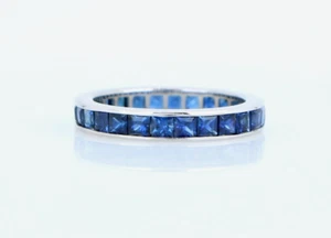 18K White Gold Princess Cut Blue Sapphire Eternity Stackable Ring Wedding Band - Picture 1 of 7
