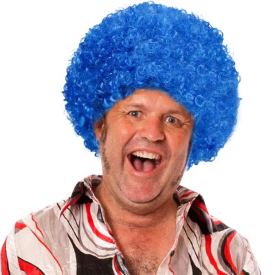 蓝色圆形非洲假发男女通用男性短蓬松古怪的卷曲小丑迪斯科道具 — 第 1/4 张图片
