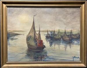 Magníficos barcos de pesca antiguos grandes acuarela y pintura gouache - Imagen 1 de 9