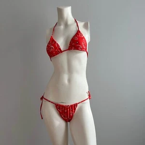 Traje de baño para mujer rojo cachemir bikini conjunto de 3 piezas traje de baño con sombrero de cubo talla L - Imagen 1 de 2