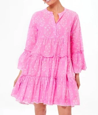 JULIET DUNN 粉红色兰花银色花朵喇叭袖迷你连衣裙,尺寸 3 / 大号 — 第 1/4 张图片