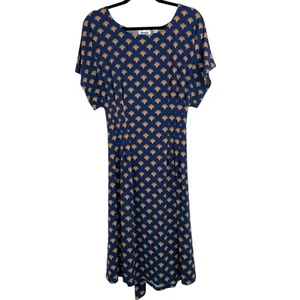 Leota Comfy Dark Blue Fan Print Short Sleeve Tie Waist Midi Dress Plus 1X NWOT - Bild 1 von 14